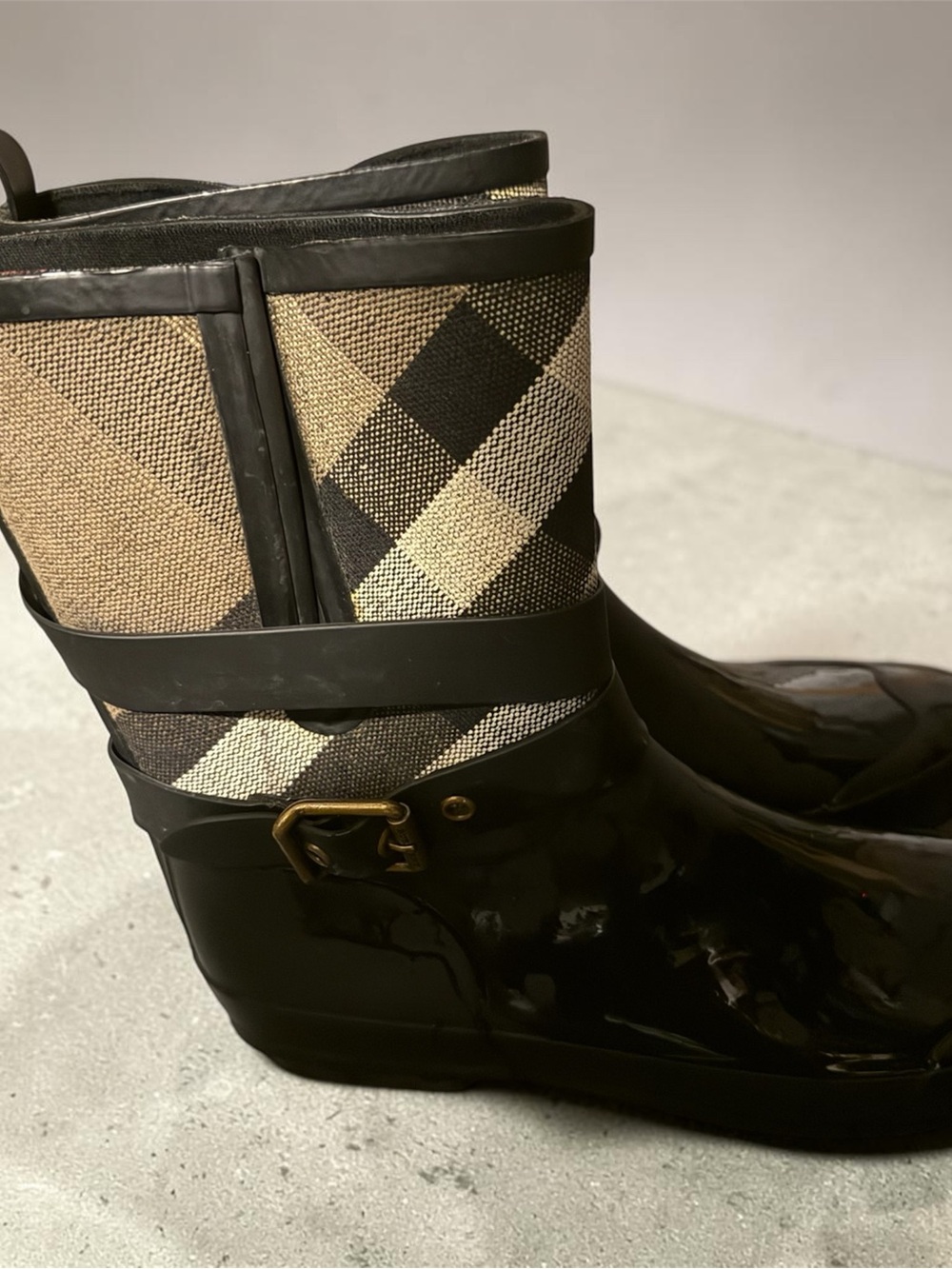 Burberry Black and Tan Check Rain Boots